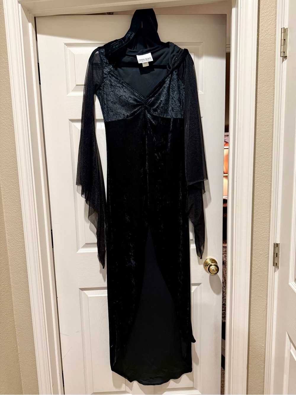 Black Velvet Hooded Maxi Dress with Sheer Bell Sleeves